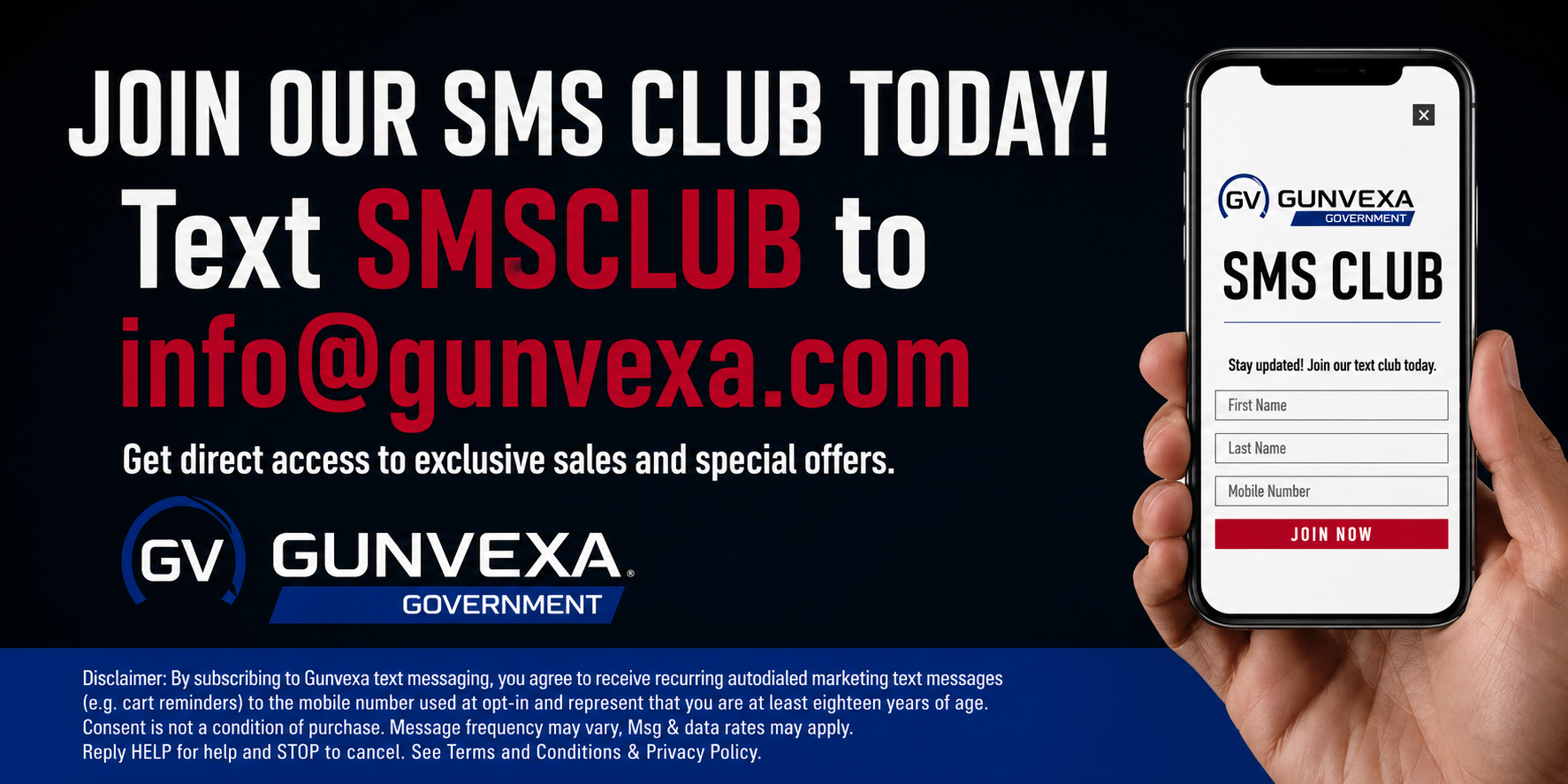 Gunvexa SMS Club text alerts for exclusive sales and special offers