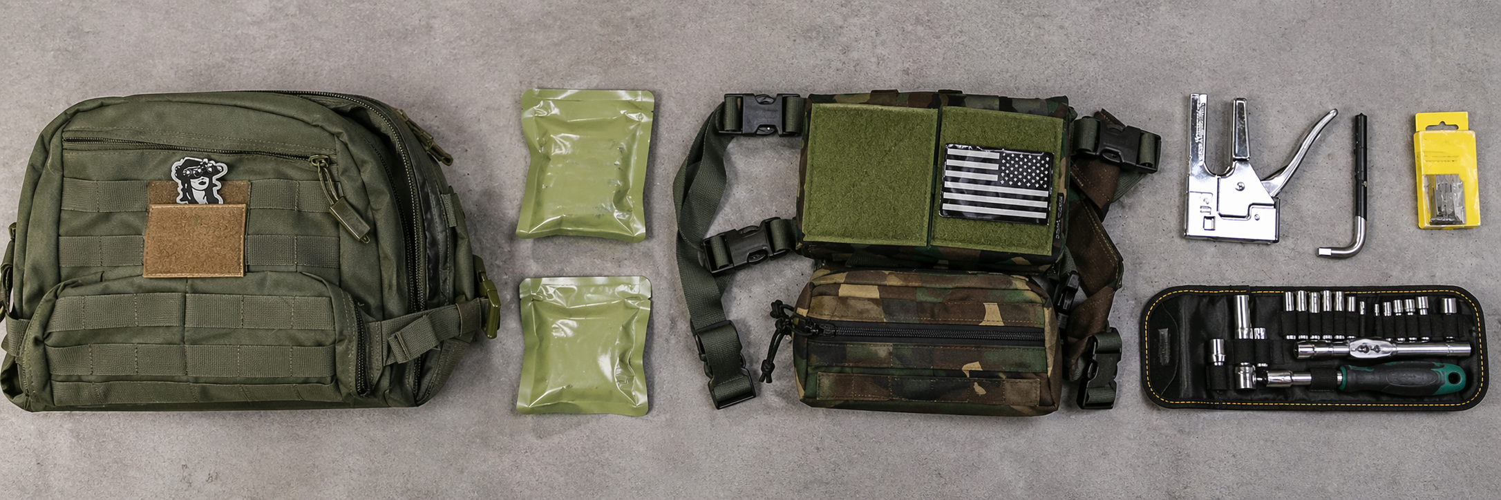 Gunvexa shooting gear category banner with range bag, tactical gear, and tools