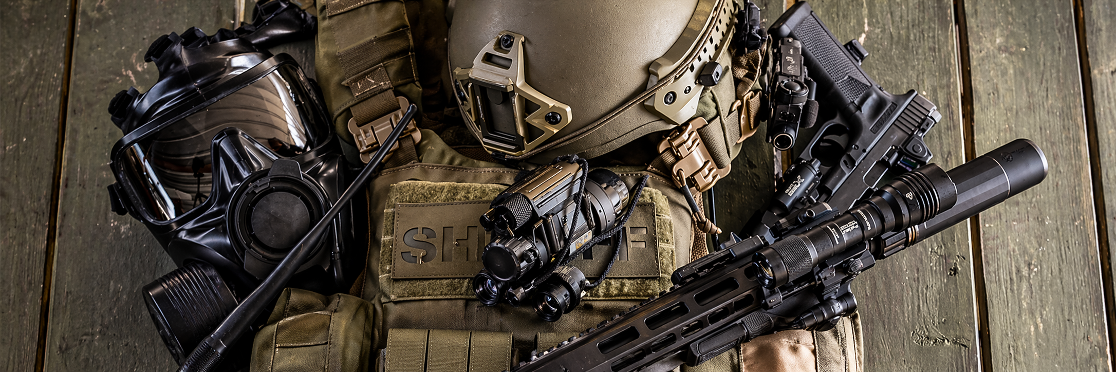 Gunvexa Duty Gear category banner showing tactical helmets, goggles, flashlights and duty equipment